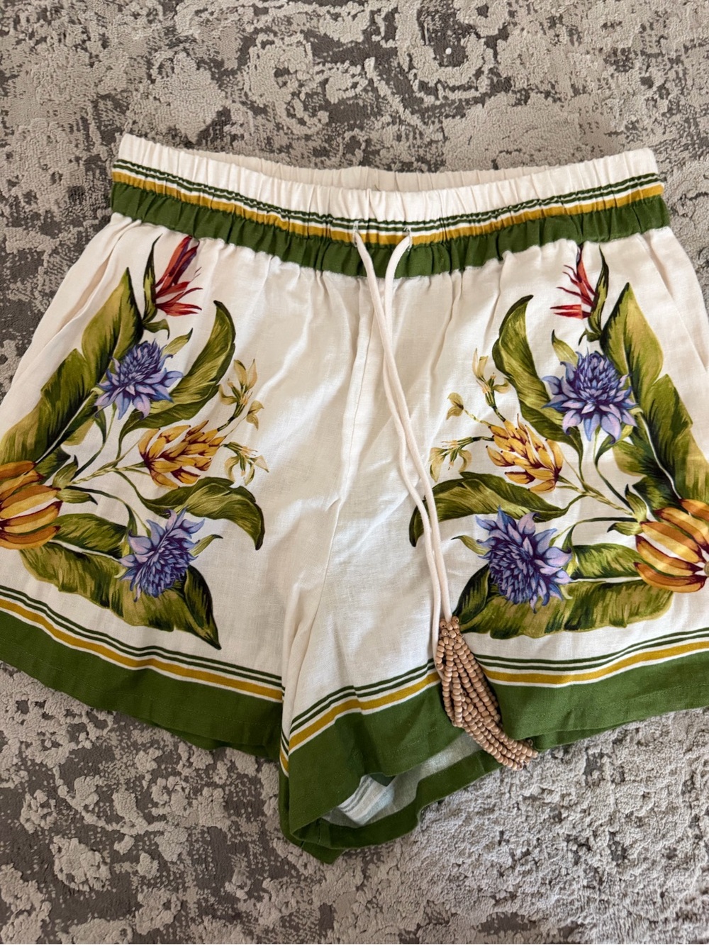 FARM Rio White Floral Drawstring Shorts with Green Trim